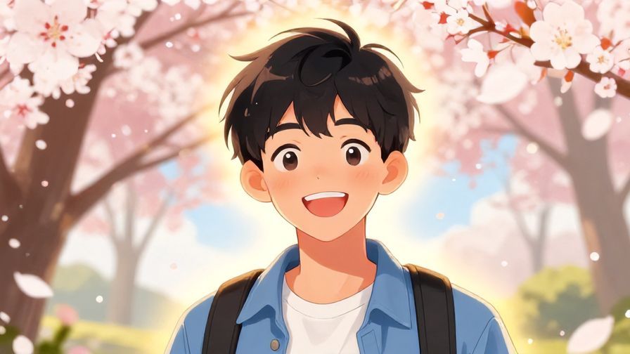 Illustration of a cheerful young person smiling brightly with a soft glowing aura around them, vibrant colors, detailed background with cherry blossoms