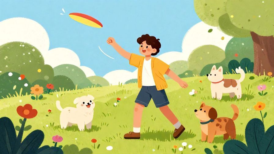 Illustration of a cheerful young person throwing a boomerang that returns, surrounded by friendly animals and flowers, vibrant colors, illustrated style