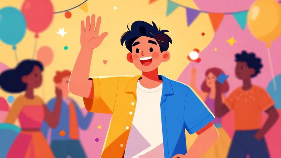 Illustration of a cheerful young person waving and smiling brightly while leaving a party, colorful festive background, vibrant colors, illustrated style