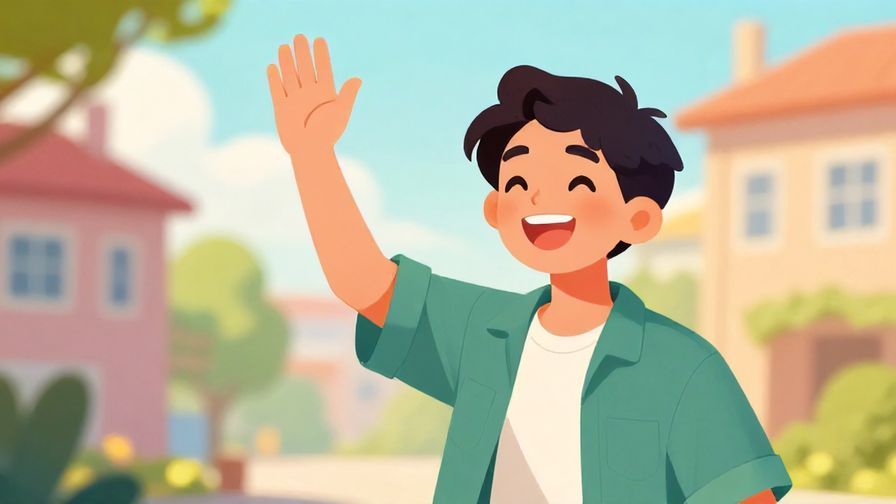 Illustration of a cheerful young person waving with a big grin, casual clothes, bright colorful morning background