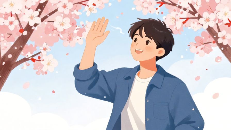 Illustration of a cheerful young person waving with a confident smile, standing with a gentle breeze moving cherry blossoms around, vibrant colors, illustrated style