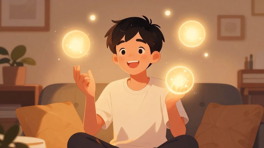 Illustration of a cheerful young person with a bright smile, surrounded by soft glowing orbs representing good vibes, sitting relaxed in a cozy room with warm lighting