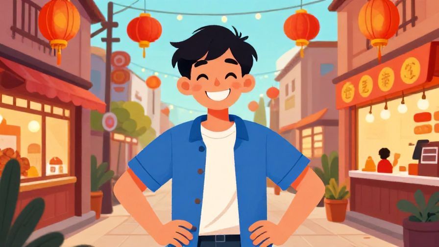 Illustration of a cheerful young person with a playful grin, hands on hips, vibrant street scene with lanterns and shops