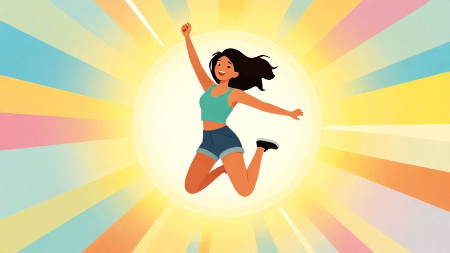Illustration of a cheerful young woman jumping with joy, bright sun rays around, vibrant colors
