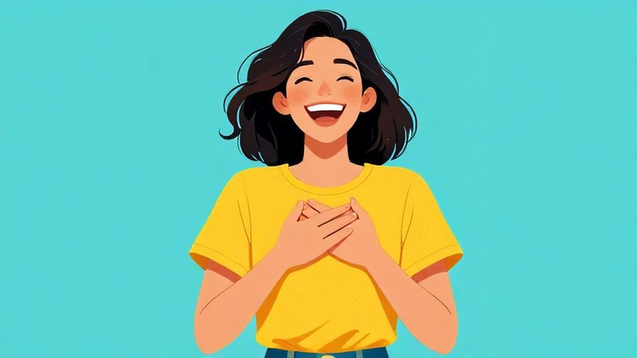 Illustration of a cheerful young woman laughing with hands on chest, casual clothing, bright and fun colors