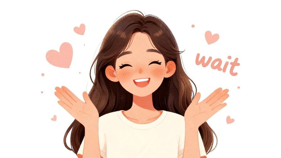 Illustration of a cheerful young woman winking and gesturing “wait,” surrounded by soft pastel hearts and dots