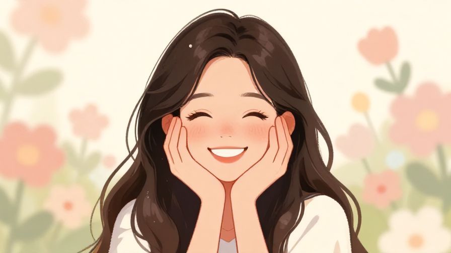 Illustration of a cheerful young woman with a bright smile, hand to her cheek in delight, soft floral background