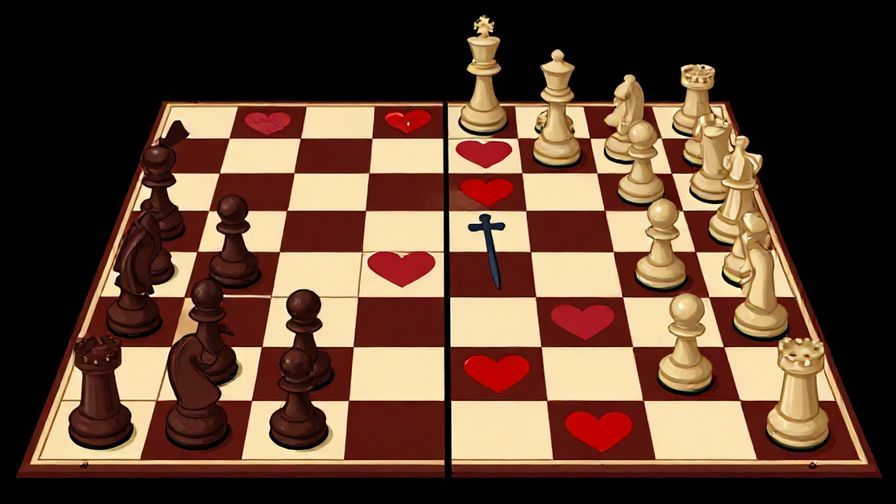 Illustration of a chessboard with hearts and swords as game pieces, symbolizing strategic love and war