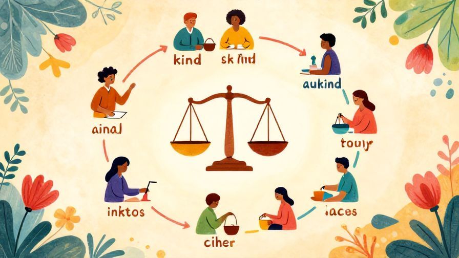 Illustration of a circular flow of energy connecting people doing kind and unkind acts, with balanced scales in the center, surrounded by soft floral patterns, vibrant colors, illustrated style
