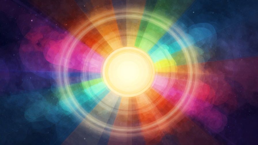 Illustration of a circular pattern of light and shadow revolving around a central point, symbolizing the cycle of karma, vibrant colors, illustrated style