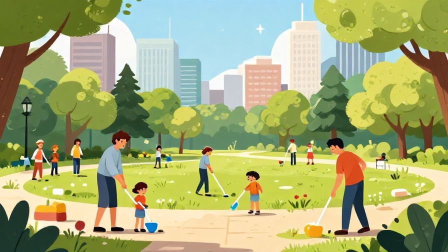 Illustration of a city park with families and workers cleaning happily, sun shining, clean and green urban environment