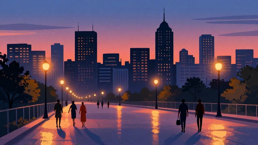 Illustration of a city skyline at dusk with people walking under streetlights, reflective mood, vibrant colors, illustrated style
