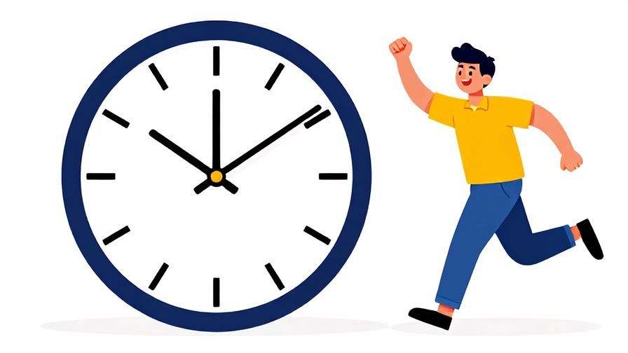 Illustration of a clock showing a few minutes to the hour, with a cheerful person hurrying, vibrant colors, illustrated style