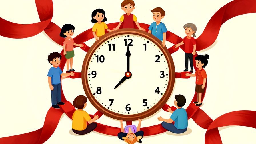 Illustration of a clock surrounded by red ribbons linking family members, symbolizing unchanging blood ties over time, vibrant colors, illustrated style