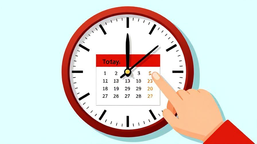 Illustration of a clock with a calendar marked “today,” bright colors, a person making a thoughtful gesture