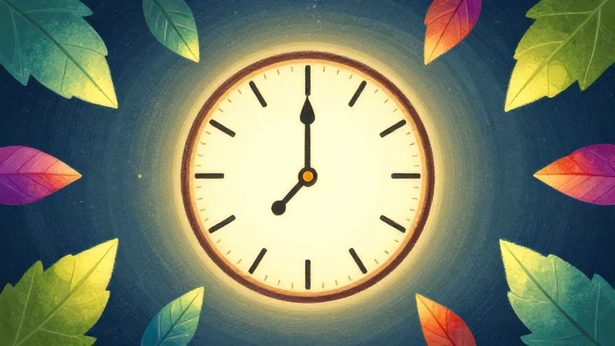 Illustration of a clock with soft glowing light around it, symbolizing healing energy, surrounded by floating leaves, vibrant colors, illustrated style