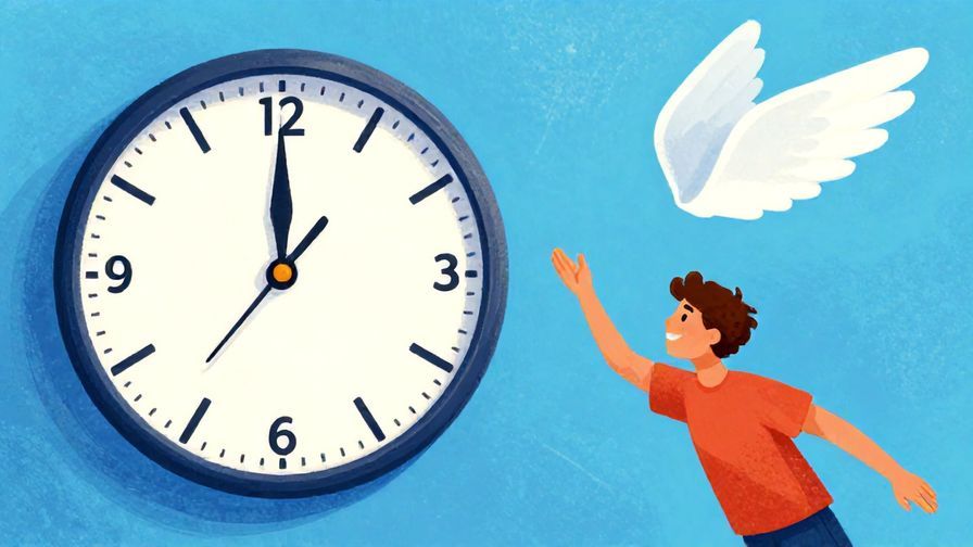 Illustration of a clock with wings flying away from a person trying to catch it, symbolizing a missed opportunity, vibrant colors, illustrated style