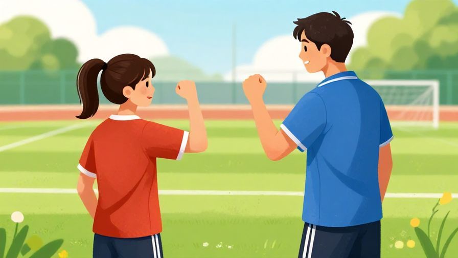 Illustration of a coach encouraging a young athlete with a fist pump, outdoor sports field background, vibrant colors, illustrated style