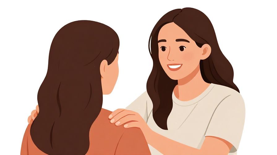 Illustration of a comforting friend smiling warmly and patting another’s back, gentle and supportive