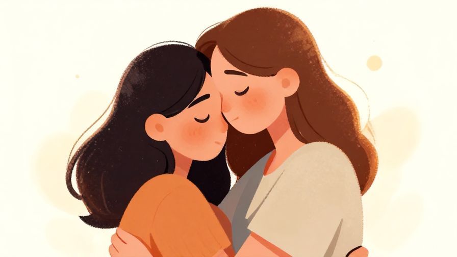 Illustration of a comforting hug between two friends with a soft, glowing background, gentle reassurance vibe, warm tones, illustrated style