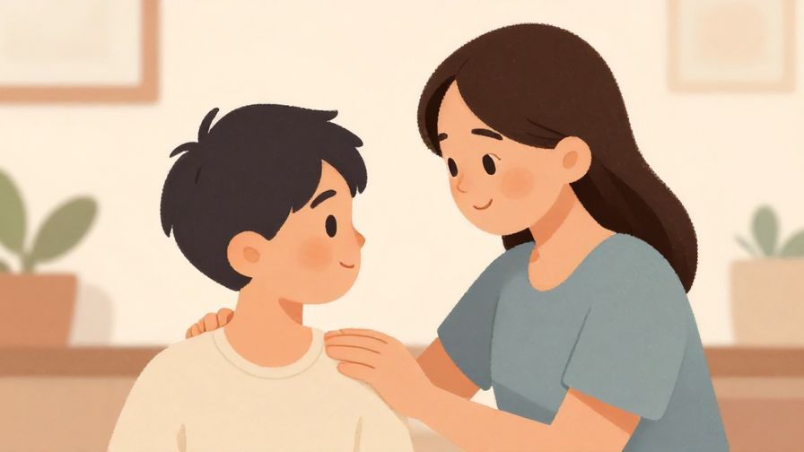 Illustration of a comforting scene where one character gently pats another’s back with a calm smile, soft pastel background, cozy indoor setting