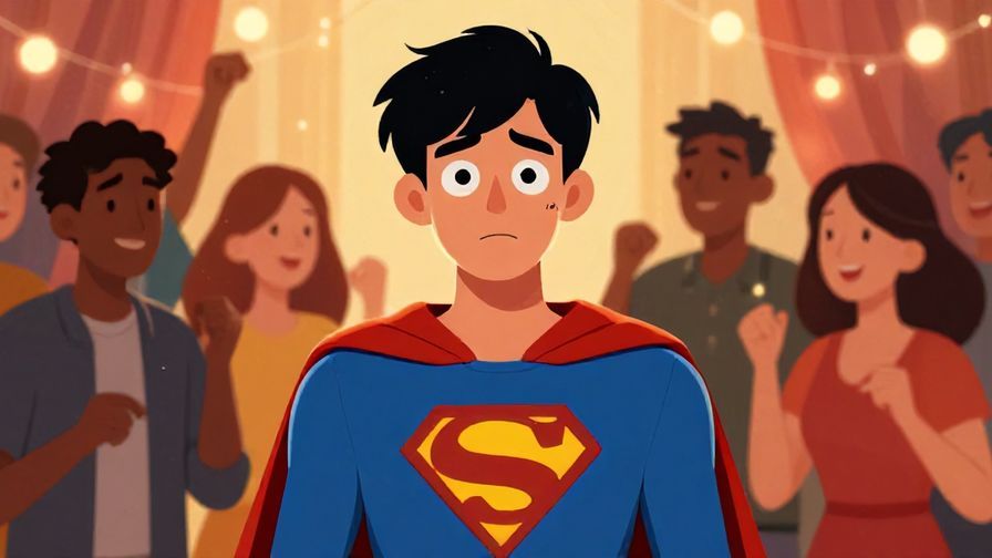Illustration of a comic-style superhero character looking gloomy among cheerful partygoers