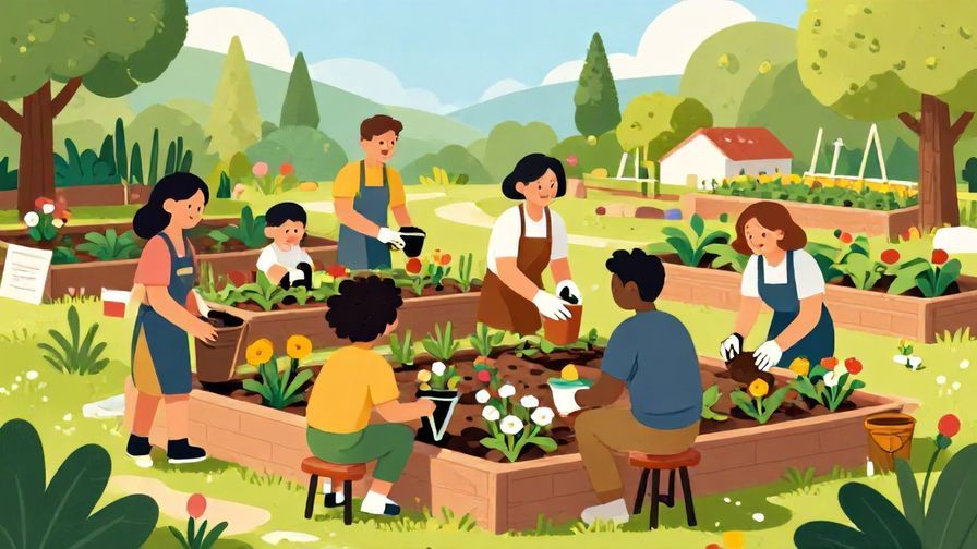 Illustration of a community garden with happy neighbors planting flowers together on a sunny day