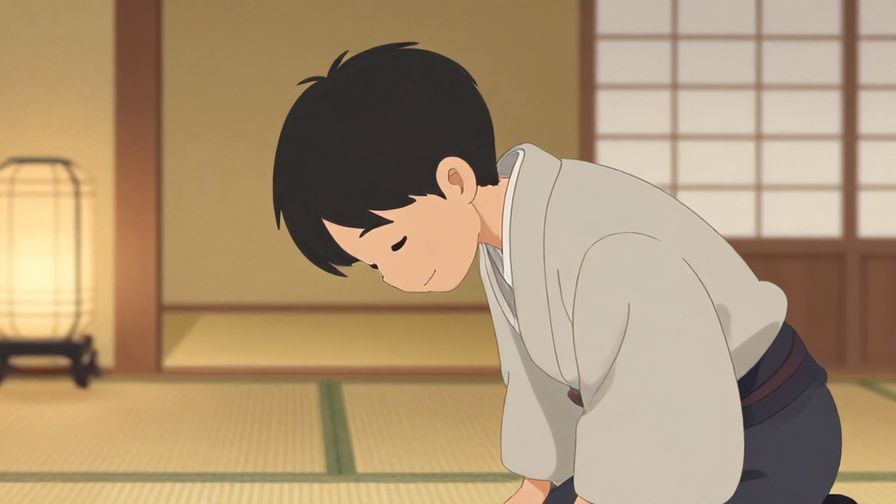 Illustration of a composed person bowing slightly with a peaceful smile, soft traditional Japanese room background with tatami mats and paper lanterns