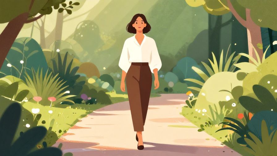 Illustration of a composed person confidently walking through a garden path with subtle light rays, elegant style