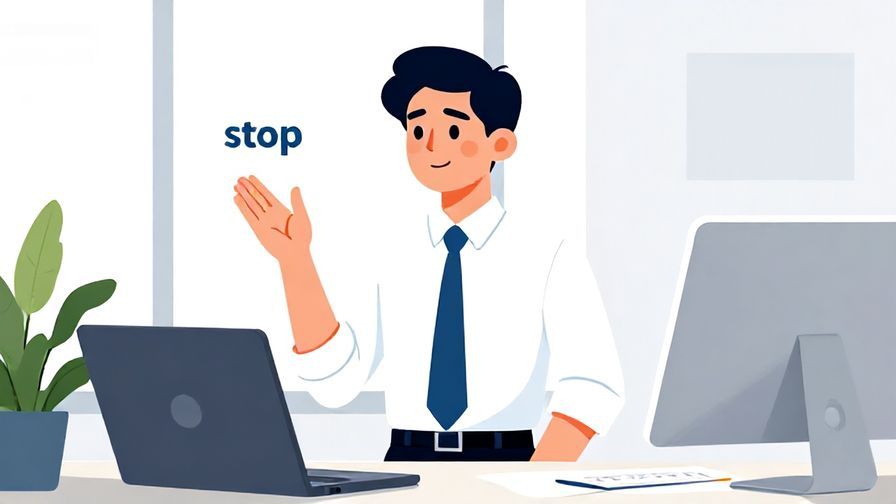 Illustration of a composed person in smart attire calmly gesturing "stop" with a slight smile in a clean, modern office, vibrant colors, illustrated style