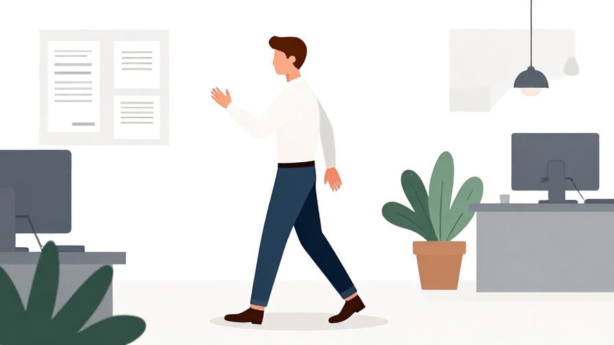Illustration of a composed person politely stepping back, soft office background with papers and plants, illustrated style