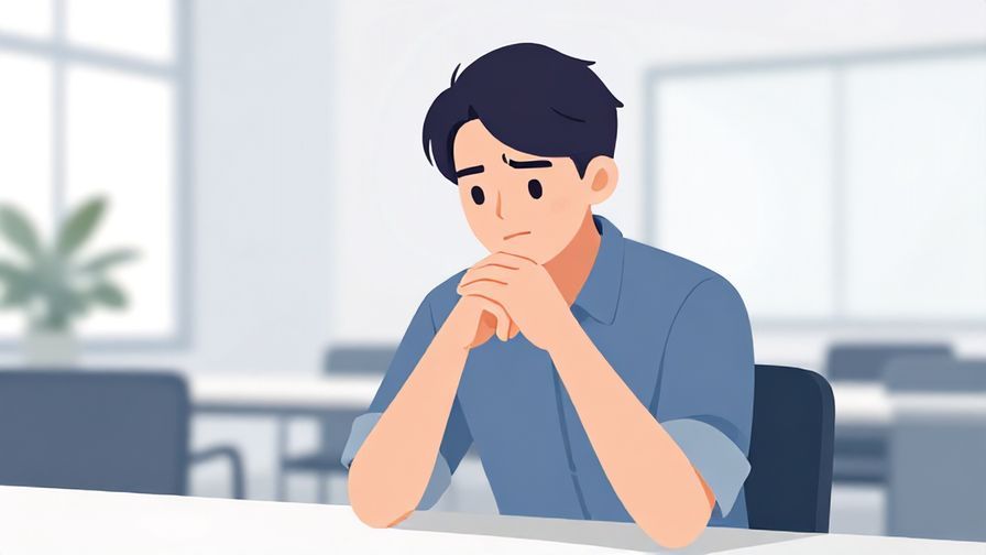 Illustration of a composed person sitting in a meeting room, hands folded, with a subtle stressed expression, modern office background