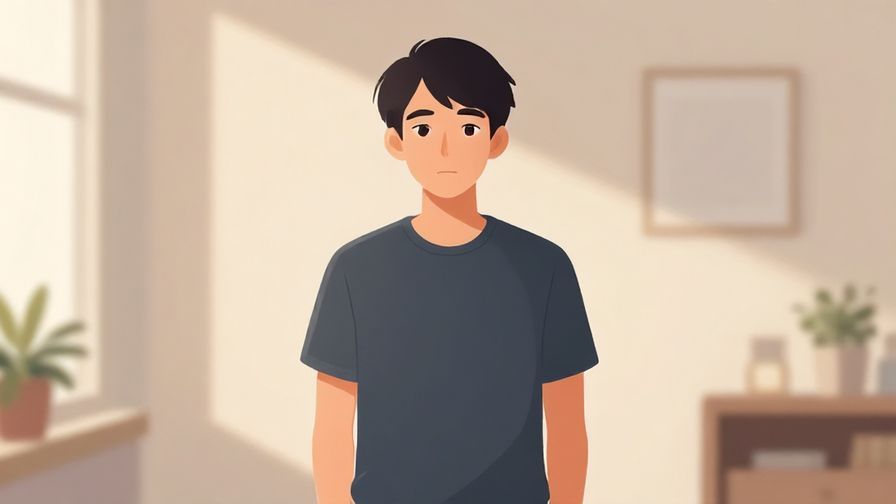 Illustration of a composed person standing still with steady gaze in a softly lit room
