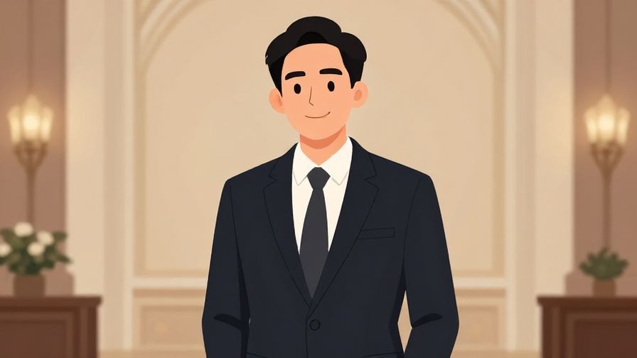 Illustration of a composed person with a gentle smile, standing in a formal room with subtle lighting