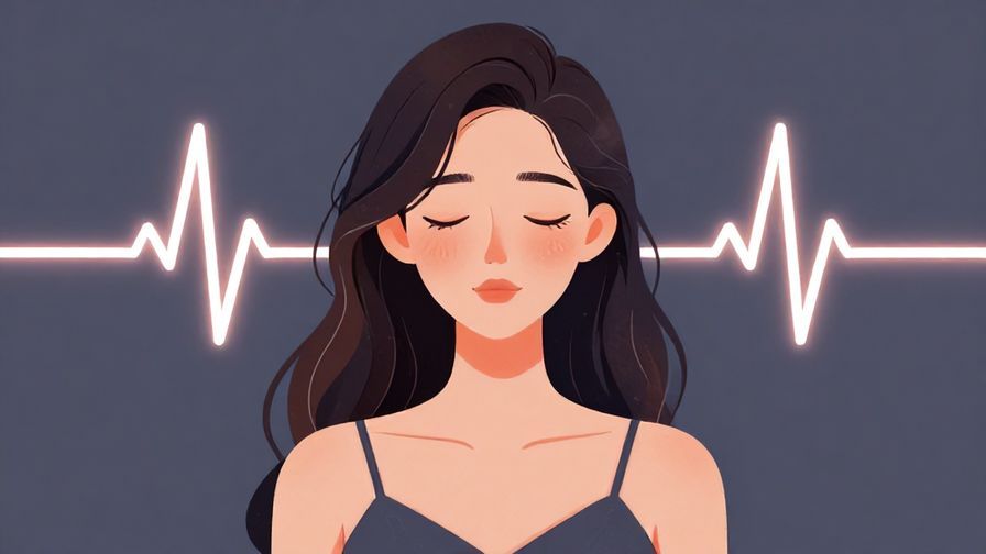 Illustration of a composed person with a slight blush, heartbeats visualized softly around them, elegant colors