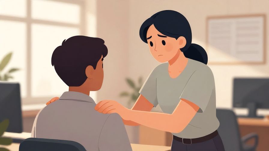 Illustration of a concerned person gently placing a hand on another’s shoulder inside a softly lit office space