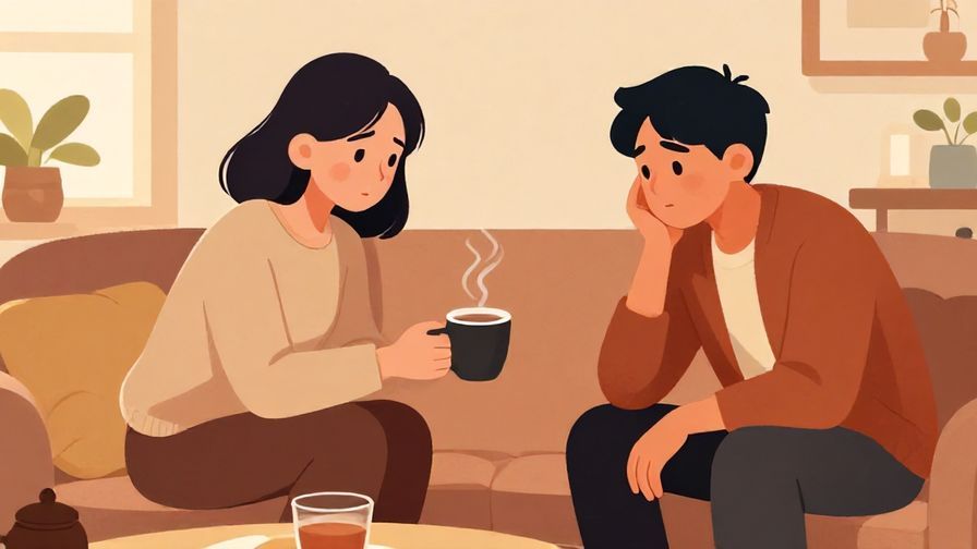 Illustration of a concerned person offering a warm drink to a tired friend in a cozy living room with soft lighting