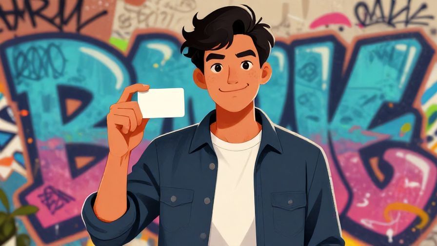 Illustration of a confident, casual young adult making a playful expression while holding a card, graffiti wall in the background