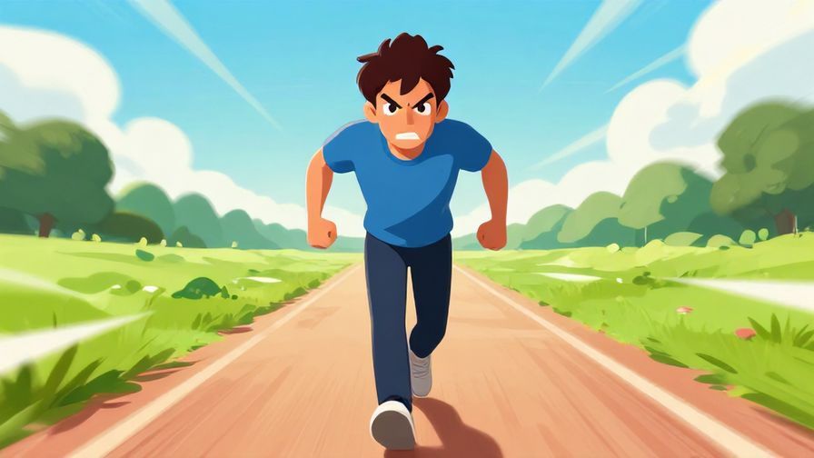 Illustration of a confident character boldly moving forward on a straight path with a fierce expression, stylized motion effects, vibrant colors