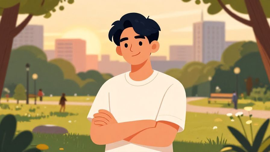 Illustration of a confident character crossing arms with a smirk, city park background at sunset