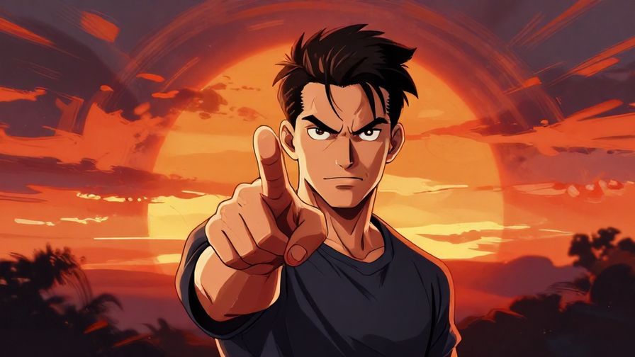 Illustration of a confident character pointing a finger with an intense expression, surrounded by a dramatic sunset background and bold brush strokes