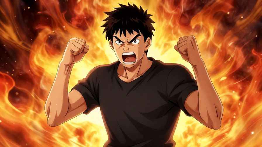 Illustration of a confident character shouting a challenge, fists ready, intense and fiery background