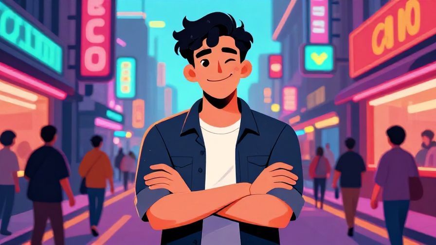 Illustration of a confident character with crossed arms, smirking slightly, standing in a bustling street with neon lights, vibrant colors, illustrated style