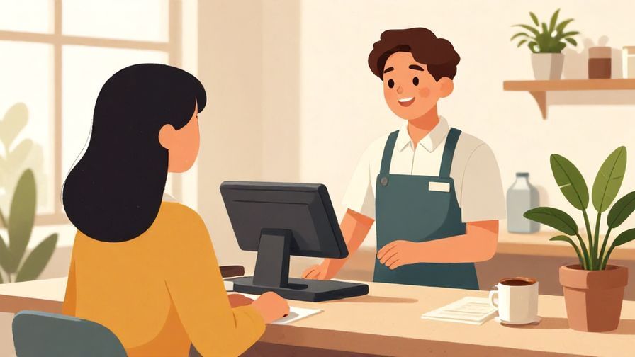 Illustration of a confident customer reassuring a cashier with a friendly smile, inside a modern cafe with bright colors and plants