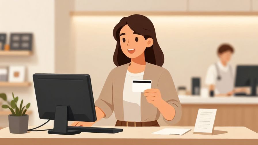Illustration of a confident person at a register, speaking clearly while presenting a card, with a clean modern store background and warm lighting