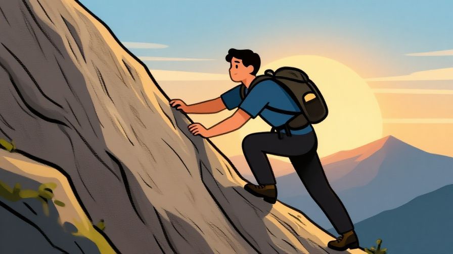Illustration of a confident person climbing a mountain with sunrise in the background, symbolizing courage