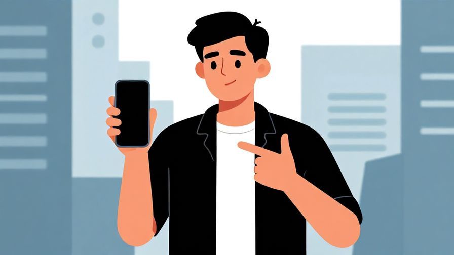 Illustration of a confident person gesturing with a phone, bold urban background