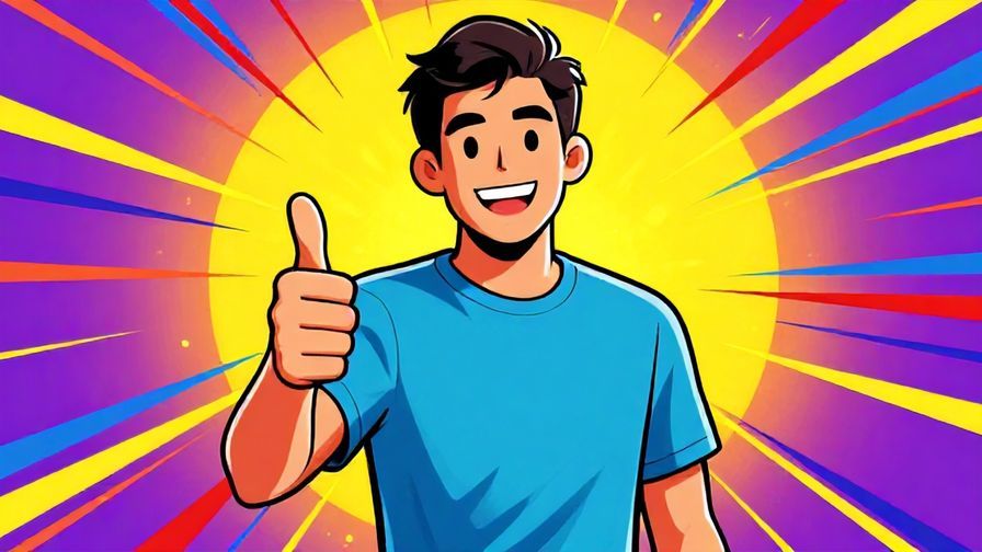 Illustration of a confident person giving a big smile and a thumbs-up, bold colorful background with dynamic lines