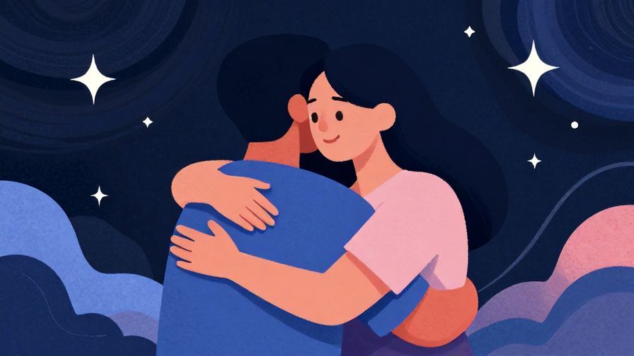 Illustration of a confident person hugging another tightly against a backdrop of stars and swirling abstract shapes