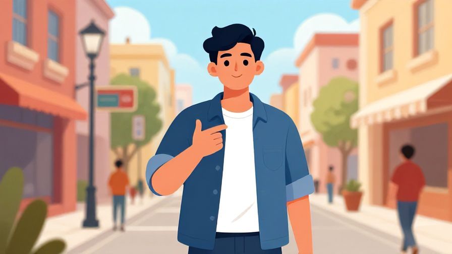 Illustration of a confident person motioning with their hand to come closer, bright energetic street scene